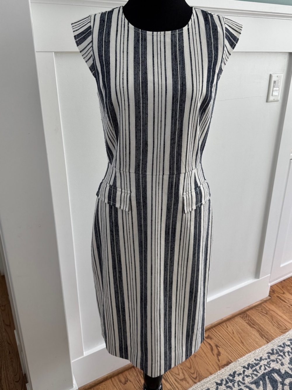 J.Crew Striped Cap-Sleeve Sheath Dress in Blue and White